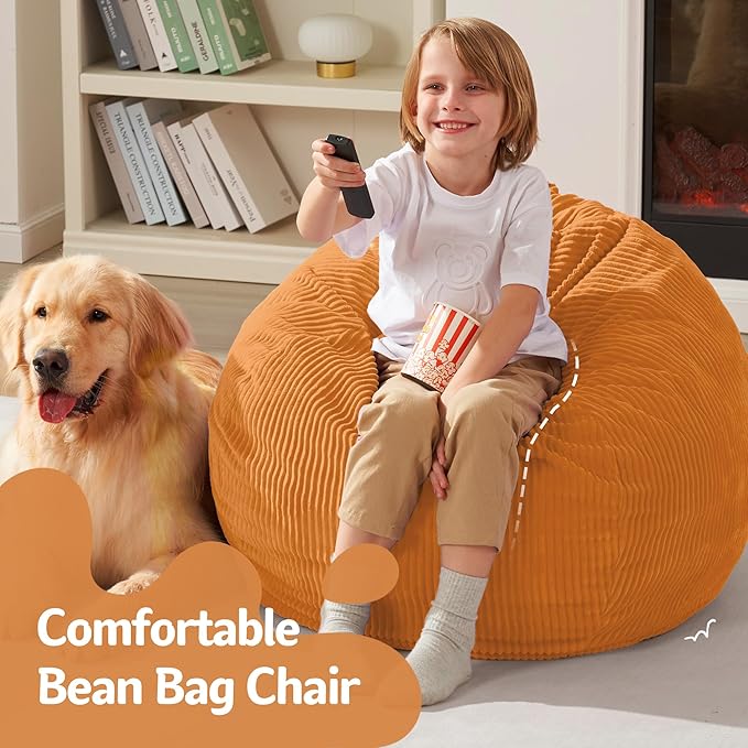 Homguava 2FT Bean Bag Chair,Teardrop Bean Bags Small Beanbag Chair with Memory Foam Filled and Ultra Soft Corduroy Cover for Living Room, Bedroom(Orange)