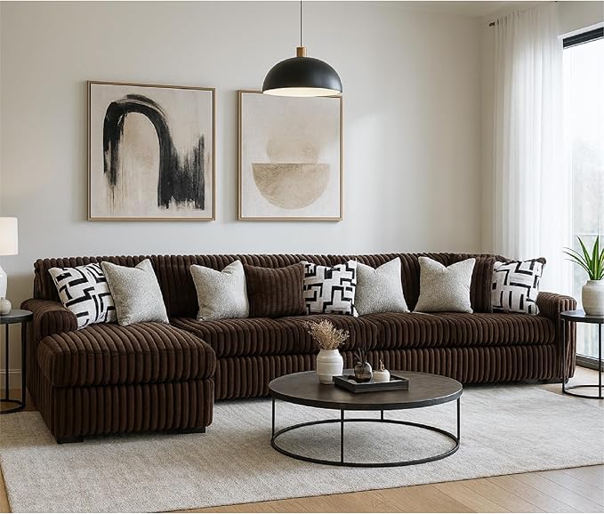 Signature Design by Ashley Midnight-Madness Casual Anti Sag Left-Arm Facing 3-Piece Sectional with Chaise, Reversible Seat Cushions and 10 Accent Pillows, Dark Brown