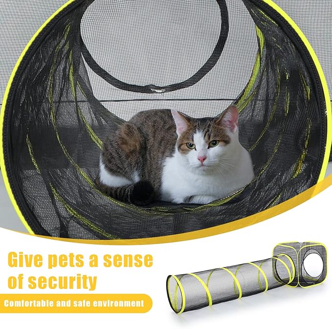Outdoor Cat Enclosure & Tunnel - Portable Mesh Tent, Cat Playhouse with Adjustable Harness & Leash, Colorful Tease Ball