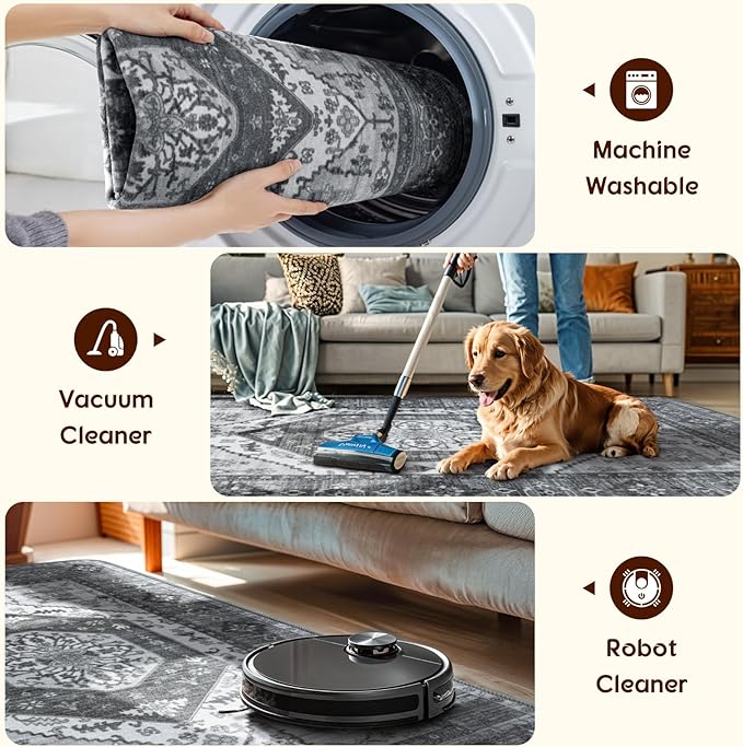LBRO2M Boho Area Rug 9X12 Washable Rugs for Bedroom Low Piles Indoor Carpet, Non Slip Soft Rugs for Living Room, Dining Room, Dark Gray Rug Foldable Pet Friendly Area Rugs (9'X12' Dark Gray)