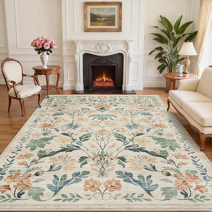 Area Rugs 9x12 Living Room: Lagre Boho Living Room Rug Soft Non-Slip Thin Carpet Indoor Floor Non-Shedding Neutral Floral Carpets for Bedroom Dining Room Farmhouse Nursery Beige