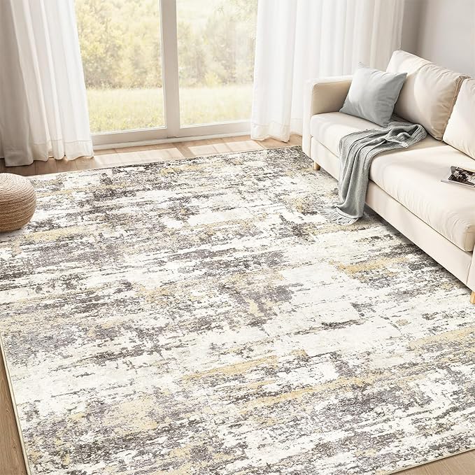 Area Rugs for Living Room: 5x7 Abstract Washable Rug Modern Neutral Large Soft Stain Resistant Non-Slip Backing Machine Table for Bedroom Dining Room Indoor Home Office Carpet - Gold Brown