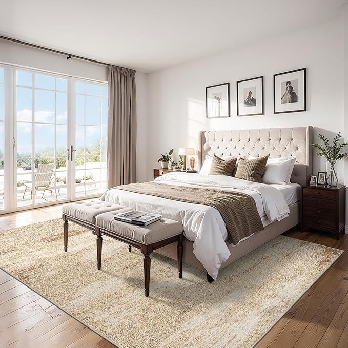 Area Rugs 9x12 Living Room - Washable Rug Modern Abstract Soft Large Neutral Non-Slip Carpet Indoor Floor Stain Resistant Thin Carpets for Bedroom Dining Room Farmhouse Nursery Home Office Beige