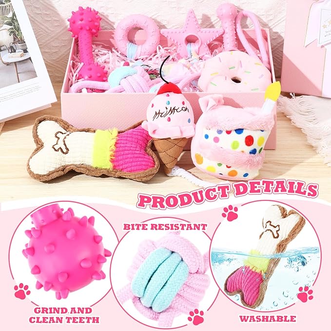11 Pcs Dog Birthday Toy Gift for Dog Birthday Cake Puppy Girl Boy Squeak Toys Interactive Puppy Gift with Box for Small Medium Size(Classic,Pink)