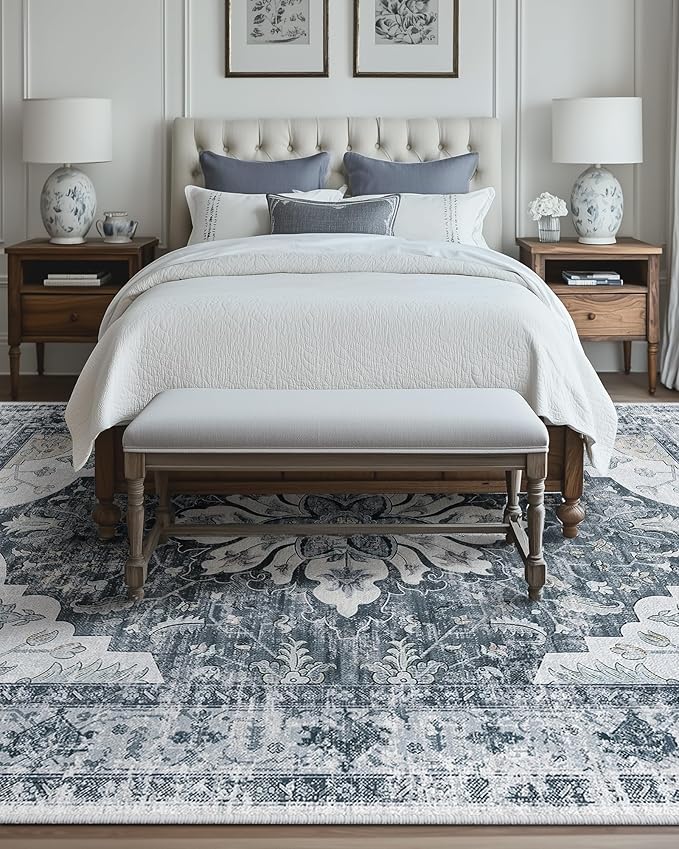 Area Rugs 6'x9' Washable Non-Slip, Floral Vintage Distress Print Pattern Medallion Carpet for Living Room Bedroom Dining Room, Light Gray Grey White