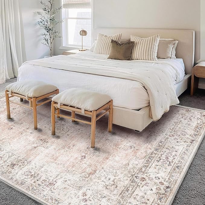 Washable Area Rug 4'x6' Vintage Traditional Floor Cover Foldable Thin Rugs Retro Kitchen Indoor Distressed Non Slip Carpet Floral Print Mat Bedroom Living Room