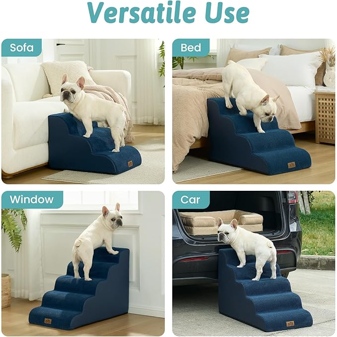 Wide Dog Stairs for Small Dog 19.7" H, Pet Step for Puppy, Older Cat, Curved Ramp for Bed, Durable Anti-Slip Ladder with High Density Foam, 4 Step, 17.7x28x19.7 inch, Navy Blue