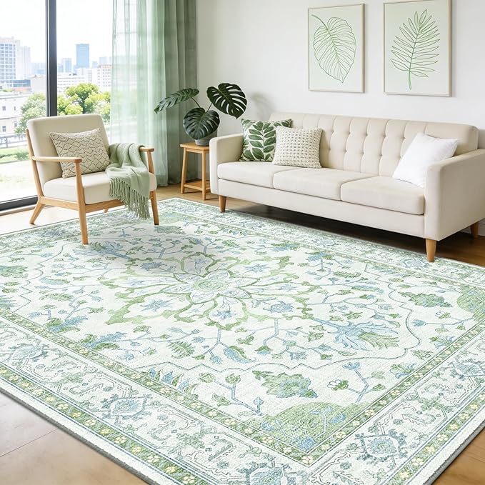 Area Rugs 8'x10' Washable Non-Slip, Floral Vintage Distress Print Pattern Medallion Carpet for Living Room Bedroom Dining Room, Green White Blue