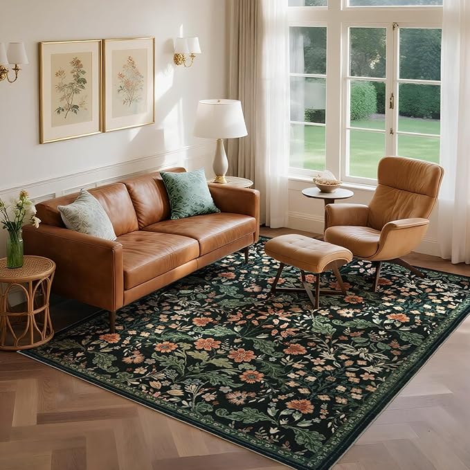 Floral Area Rug for Living Room: 5x7 Washable Soft Low Pile Thin Indoor Carpet, Non Slip Stain Resistant Vintage Flower Boho Accent Rugs for Bedroom, Dining, Home Office, Nursery - Black