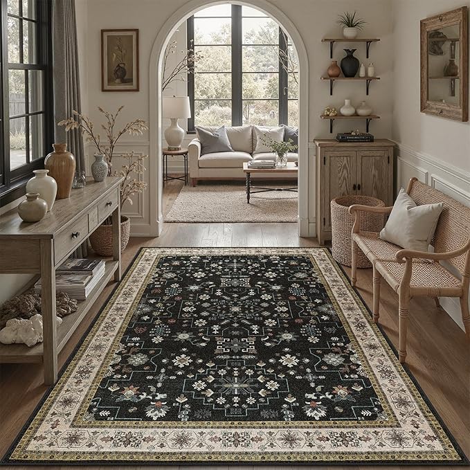 DCX Machine Washable Black Area Rug 6x9, Non Slip Stain Resistant Vintage Floral Rug for Living Room Bedroom Dining Room, Soft Low Pile Large Carpet