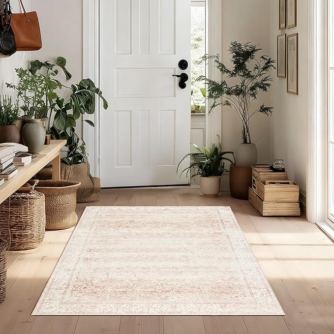 Vintage Pink Rug 3x5 Washable Non Slip Floral Aesthetic Indoor Rugs for Entryway Kitchen Low Pile Carpet for Laundry Room Bathroom Front Door Mat for Entrance 3 x 5