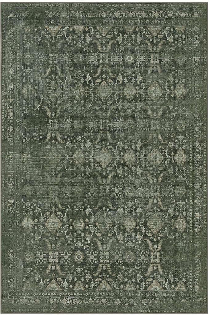 10x14 Area Rugs for Living Room Bedroom, Large Washable Rug, Green Vintage Floral Boho Rug, Non Slip & Low Pile Faux Wool Thin Carpet for Indoor Dining Room and Kids Room(Green 10x14ft)