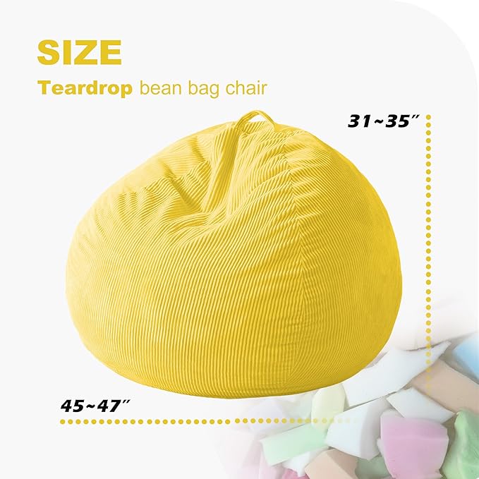 Homguava 4FT Bean Bag Chair for Adults,Teardrop Bean Bags Big Beanbag Chair with Memory Foam Filled and Ultra Soft Removable Corduroy Cover for Living Room, Bedroom (Yellow)