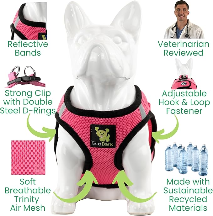 EcoBark XS Dog Harness - Step in Toy Breed Dog Harnesses - Extra Small Eco-Friendly Body Halter Vest - Reflective Tiny Soft Mesh (Bubblegum Pink, XS)