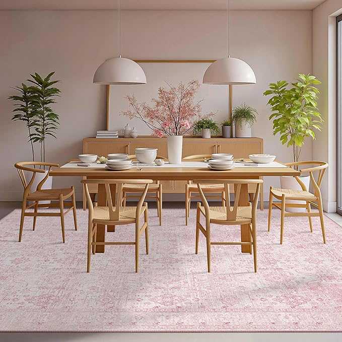 8x10 Area Rugs for Living Room Bedroom,Pink Large Washable Neutral Rug, Vintage Floral Retro Boho Non Slip & Low Pile Carpet for Indoor Dining Room, Classroom, Dorm, Nursery and Kids Room