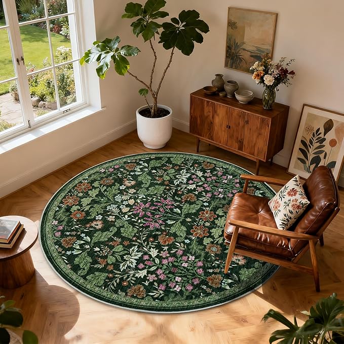 Floral Area Rug for Living Room: 6x6 Washable Soft Low Pile Thin Indoor Carpet, Non Slip Stain Resistant Vintage Flower Boho Accent Large Rugs for Bedroom, Dining, Home Office, Nursery - Green