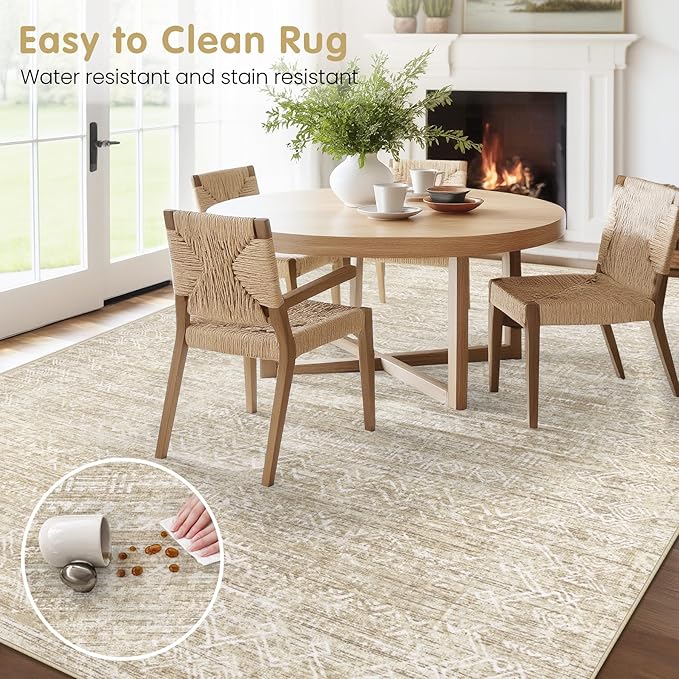 Washable Rug 8x10 Area Rugs: Modern Geometric Rugs for Living Room Non Slip Soft Low Pile Moroccan Indoor Carpet for Bedroom Nursery Dining Room Home Office (Beige, 8'x10')