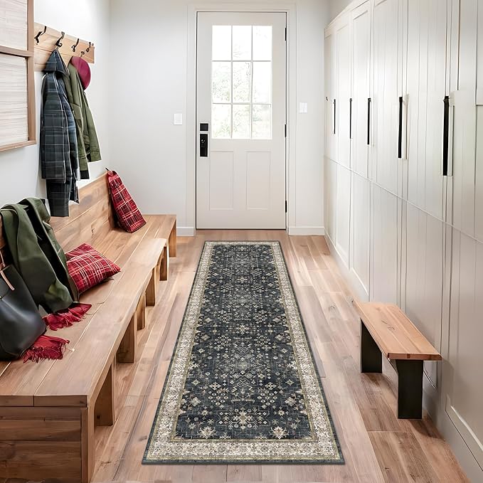 Black 2x7 Long Runner Rugs for Entryway, Throw Runners for Kitchen Hallway, Boho Vintage Floral Decor & Non-Slip Low-Pile Washable Stain Resistant Ashen Charcoal Rug