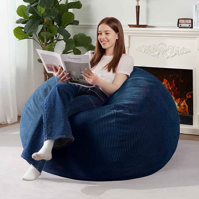 Homguava 4FT Bean Bag Chair for Adults,Teardrop Bean Bags Big Beanbag Chair with Memory Foam Filled and Ultra Soft Removable Corduroy Cover for Living Room, Bedroom(Dark Blue)