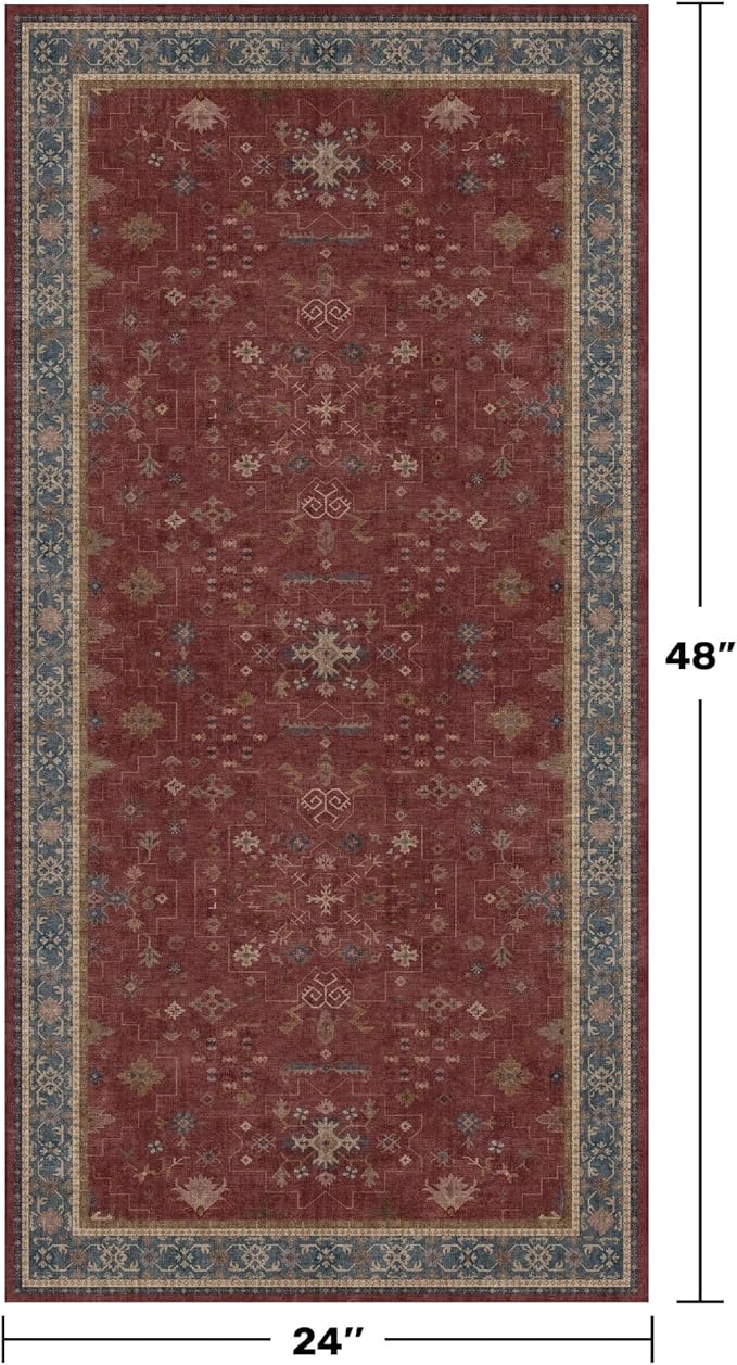 Burgundy 2x4 Washable Entry Rug for Inside House, Kitchen Floor, Thin Door Mats for Inside Entry, Washable Non Slip Low Pile Stain & Fade Resistant, Modern Eclectic Floral Decor