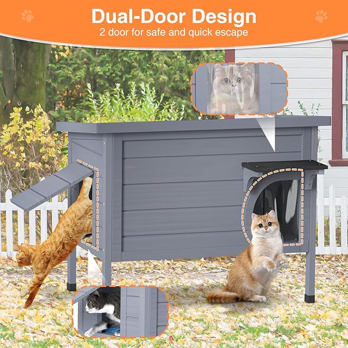 Heated Cat House for Outside - Wooden Insulated Cat Houses Outdoor, Winter Warm Cat Home Weatherproof Waterproof, Clawsable Feral Kitty Shelter with Heated Pad, Escape Door