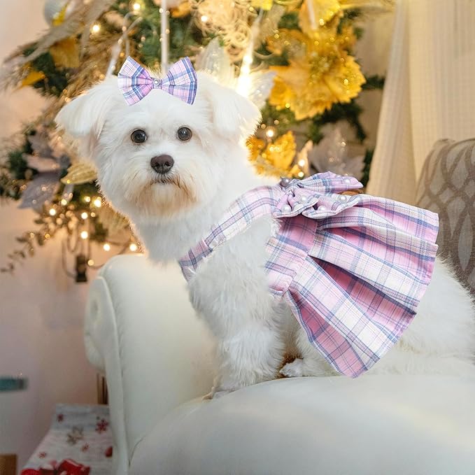 Dog Dress Bowknot Harness Leash Set for Small Dogs Girl Cute Plaid Dog Dress Pearls Bow Tie Spring Summer Princess Clothes Birthday Holiday Doggie Outfits for Puppy Cats Girl Apparel (Pink, Large)