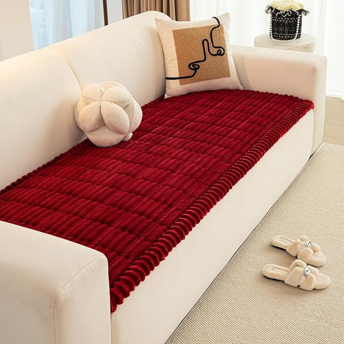 Christmas Faux Fur Plush Dog Couch Cover, 3D Stripe Fuzzy Sofa Covers, Non-Slip Fluffy Dog Bed Cover Pet Blanket, Washable Furniture Protector for Puppy Cat (Red,28"x70")