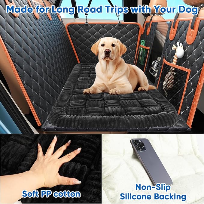 Dog Car Bed Mat for Backseat Extender, Non-Slip Washable Flannel Pet Travel Bed with Thick PP Cotton, Back Seat Protector for Dogs in SUVs, Trucks & Sedans (51"x23.6")