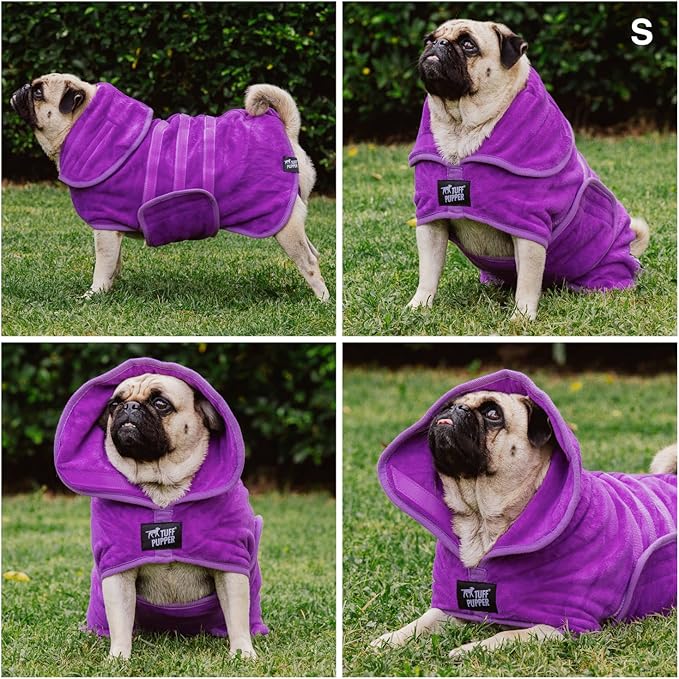 Tuff Pupper Fast Drying Dog Bath Robe | 800 GSM Plush Dog Towel Bathrobe/Dressing Gown | Super Absorbent Pet/Puppy Bathrobe | Adjustable Hood & Belly Strap | Super Soft | Fast Drying (S, Purple)