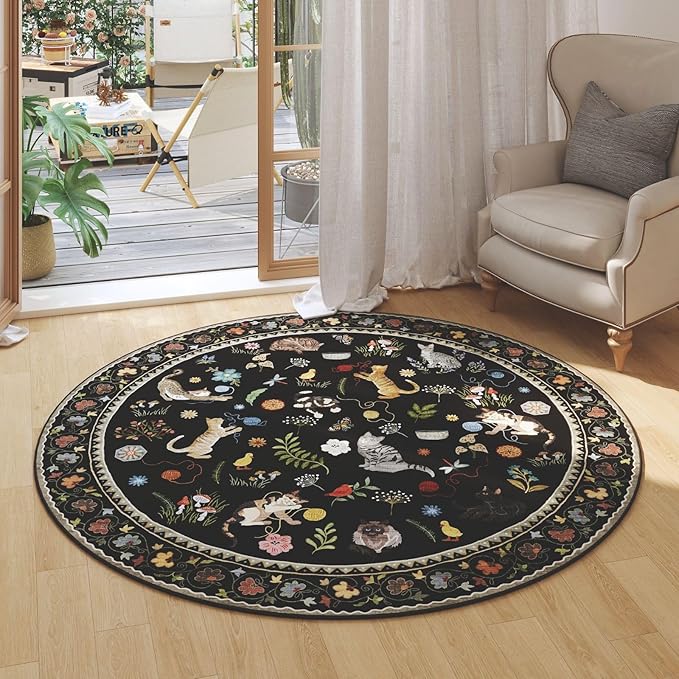 Rugcomf Round Rug 6ft Washable Circle Rug Non Slip Low Pile Boho Floral Animal Cat Small Circular Rug for Bedroom Bathroom Entryway Kids Room Office College Dorm, Black