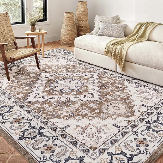 Lofus 4x6 Area Rugs for Living Room, Washable Area Rug, Rugs for Bedroom, Kitchen, Vintage Boho Carpet, Soft Non-Slip, Low Pile Large Area Rug for Office Dining Room, Floral Brown