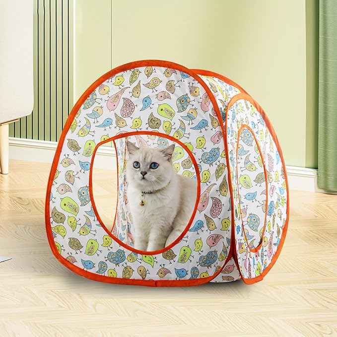 Andiker Cat Tent, 3 Holes Safe and Strong Cute Cats Tunnel Collapsible Easy to Carry Cat House for Indoor Cats Kittens Hiding Playing Training Sleeping (Tent Bird)