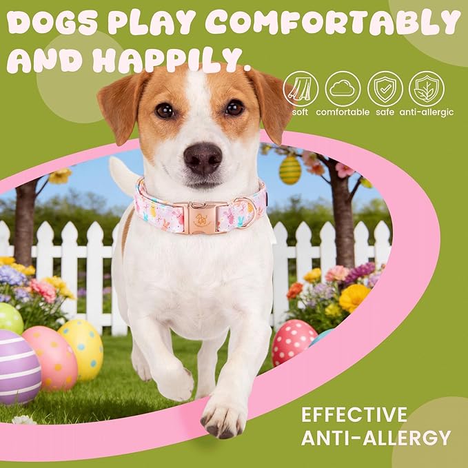 Elegant little tail Easter Dog Collar, Pink Bunny Floral Pattern Spring Pet Collars Gift Holiday Puppy Collars Soft Cotton Adjustable Dog Collar for Medium Dogs