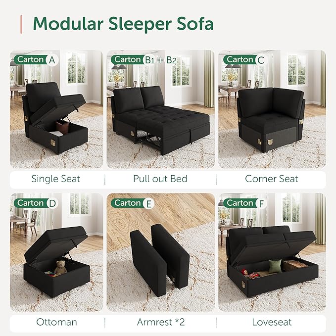 HONBAY Modular Sectional Sleeper Sofa with Pull Out Bed, Armless Chair for Sectional Couch, Black