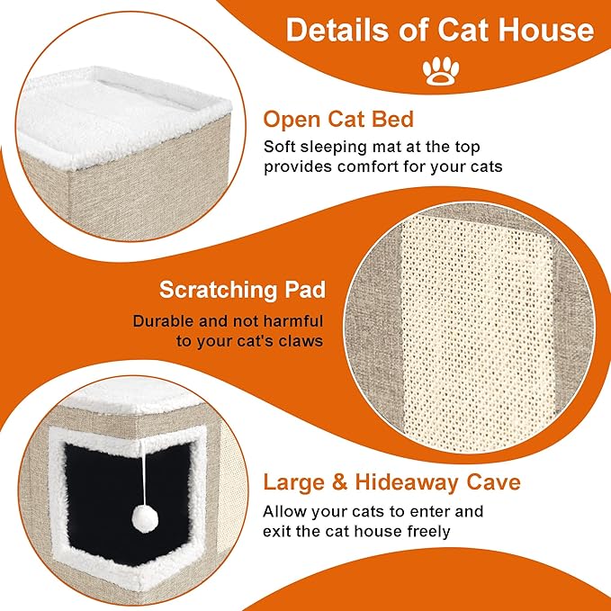 Cat Houses for Indoor Cats - Large Cat Bed Cave with Scratch Pad and Fluffy Ball, Foldable Cat Condo Hideaway with Reversible Cushion for Multi Small Pet, Khaki