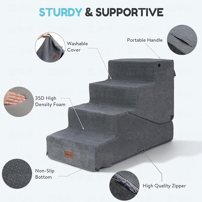 3-Step Dog Stair and Ramp for Small Dogs and Cats, Pet Steps for Sofa and Couch with Non-Slip Bottom, Grey