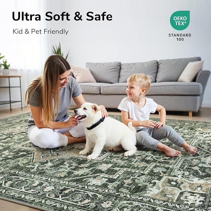 Lessymo 5x7 Washable Area Rugs for Living Room, Soft Green Boho Rug for Bedroom Kitchen Dining Room, Vintage Carpet Non Slip Low Pile Rug Stain Resistant for Nursery Home Office Indoor, Green/Yellow