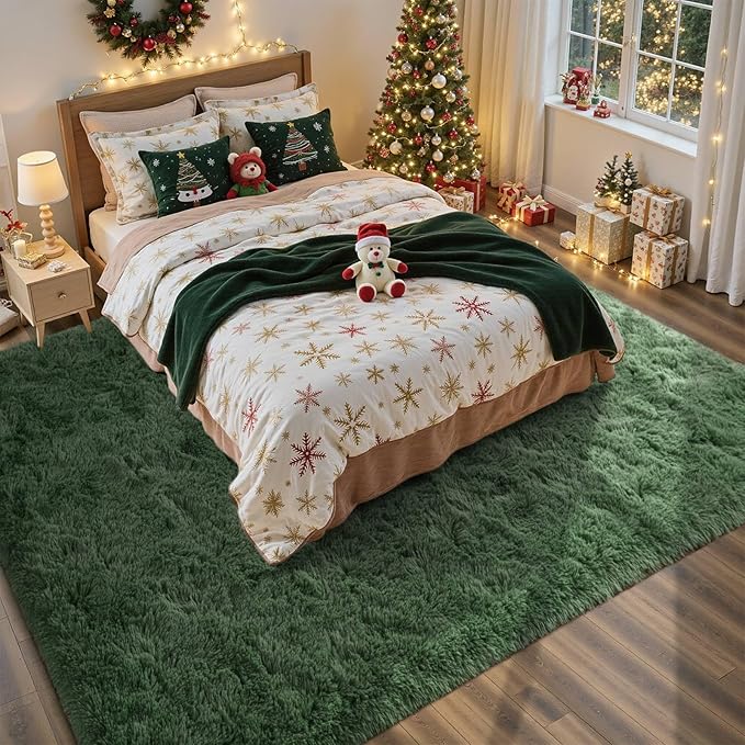 8x10 Ft Extra Large Shag Green Area Rug for Living Room, Ultra Soft Fluffy Furry Rugs for Bedroom Classroom Indoor Floor, Aesthetic Carpet for Kids Home Decor