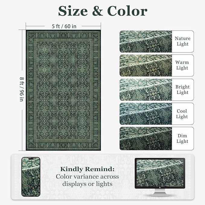 Dark Green Area Rug 5x8 for Lving Room Bedroom, Washable Non Slip Low Pile Thin Rugs for Dining Room, Vintage Boho Floral Moroccan Pattern Printed Carpet Rug for Dining Room Kitchen Office