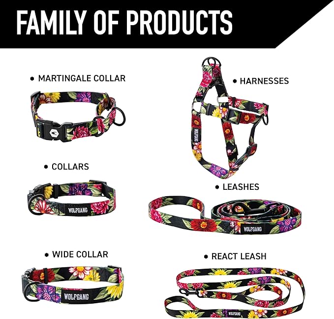 Wolfgang Heavy Duty, Adjustable Dog Collar with Quick Release Nylon Buckle for Walking & Training, DarkFloral Print, Large
