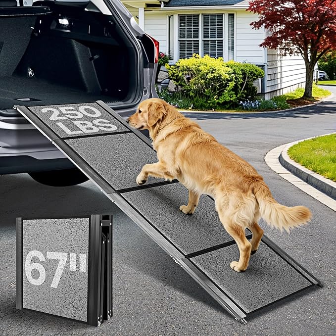 67''x 17'' Folding Dog Ramp for Truck, Aluminum Pet Ramp for Large Dogs, Foldable Dog Stairs Steps Up to 250LBS, with Non-Slip Rug Surface for Car, SUV, Bed, Indoor & Outdoor(Wire Loop Fabric)