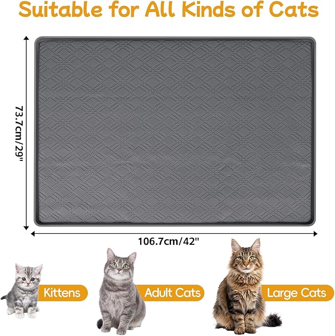 Lanstics Cat Food Mat, 42" x 29" Large Silicone Mat Cat Feeding Mat with Raised Edge Non-Slip Pet Feeding Mat for Food and Water Bowl, Easy to Clean, Floor Protection (Dark Gray)