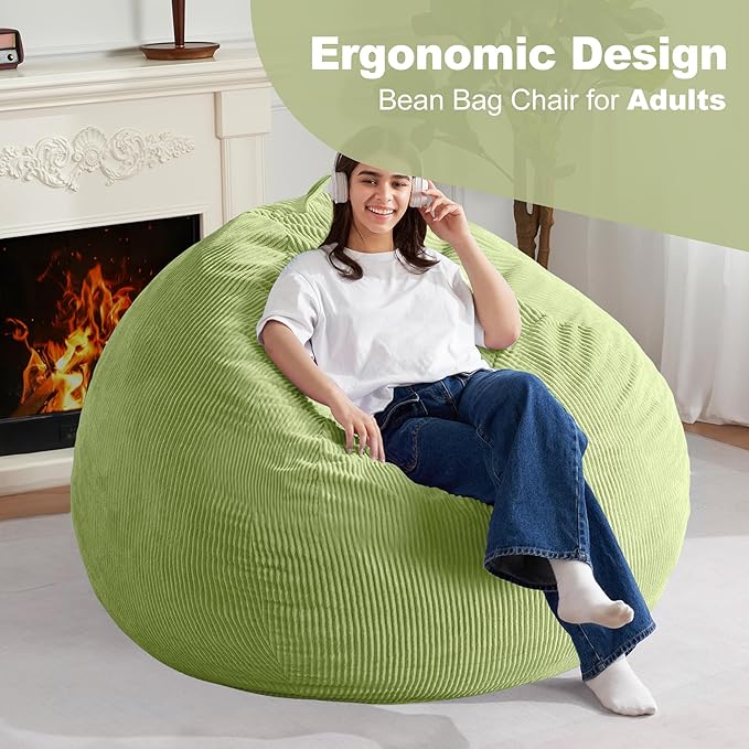Homguava 5FT Bean Bag Chair for Adults,Teardrop Giant Bean Bags Big Beanbag Chair with Memory Foam Filled and Ultra Soft Removable Corduroy Cover for Living Room, Bedroom(Green)