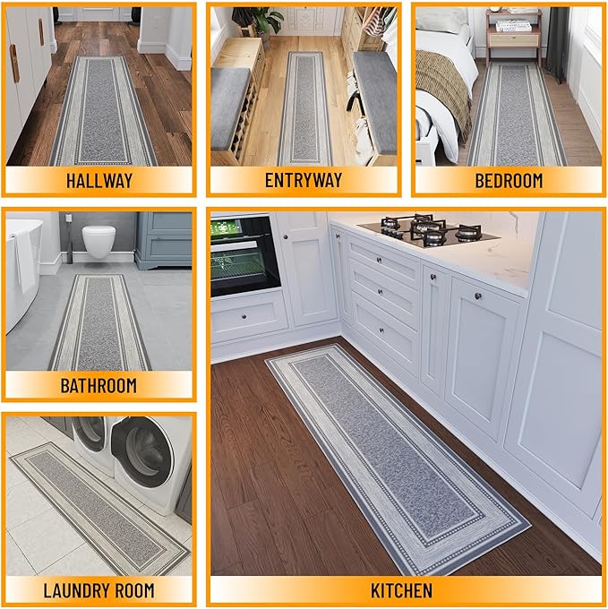 Ottomanson Hallway Runner Rug 1'10" x 7' Non Slip Border Area Rugs Easy to Clean Laundry Rug Runner Durable & Pet Friendly Floor Carpet Runners for Hallways Entryway Living Room Kitchen, Light Gray