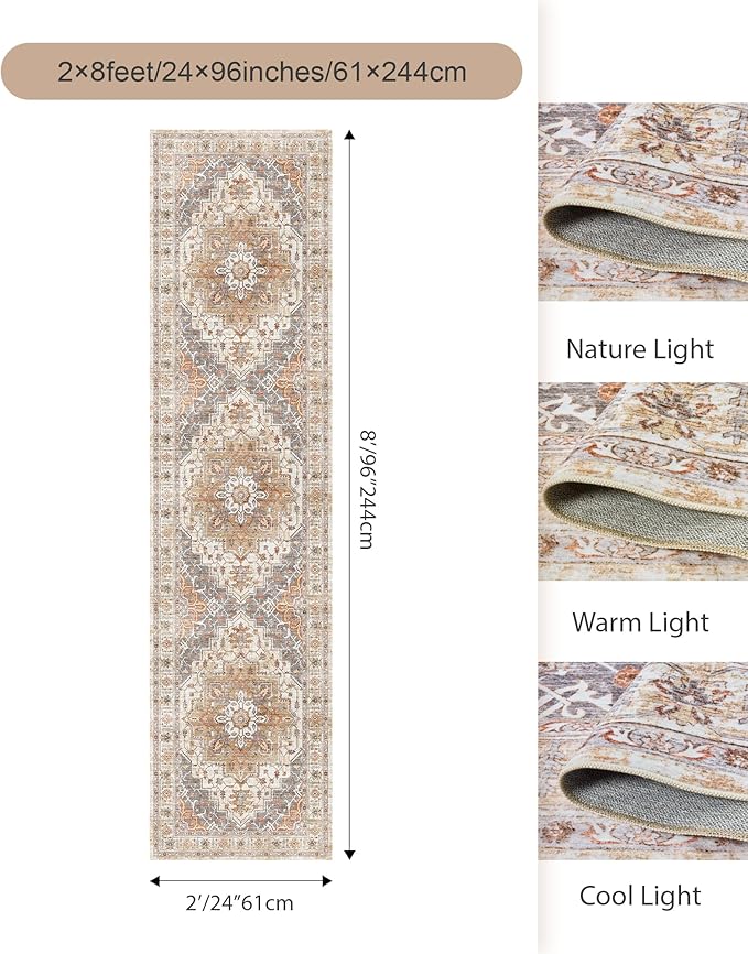 2x8 Runner Rug Washable Hallway Runner Rug Ultra-Thin Soft Kitchen Rug Non Slip Indoor Floor Foldable Carpet with Low Pile for Bathroom Laundry Room Living Room Entryway(Turmeric/Grey,2'x8')