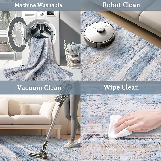 6x9 Area Rug Living Room Rugs - Washable Rug Large Modern Abstract Soft Thin Carpets Indoor Floor No Slip Vintage Carpet for Bedroom Under Dining Table Nursery Home Office Decor Blue