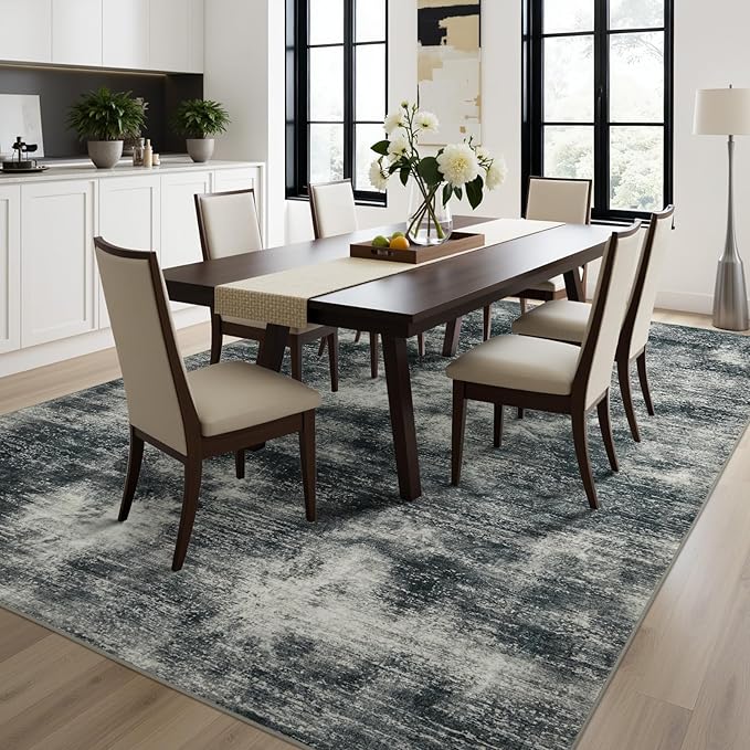 Joydeco 6x9 Area Rugs for Living Room, Non-Slip Modern Abstract Soft Washable Rug, Low Pile Carpet for Bedroom, Dining Room, Home Office, Pet & Child Friendly, Light Gray & White & Dark Gray