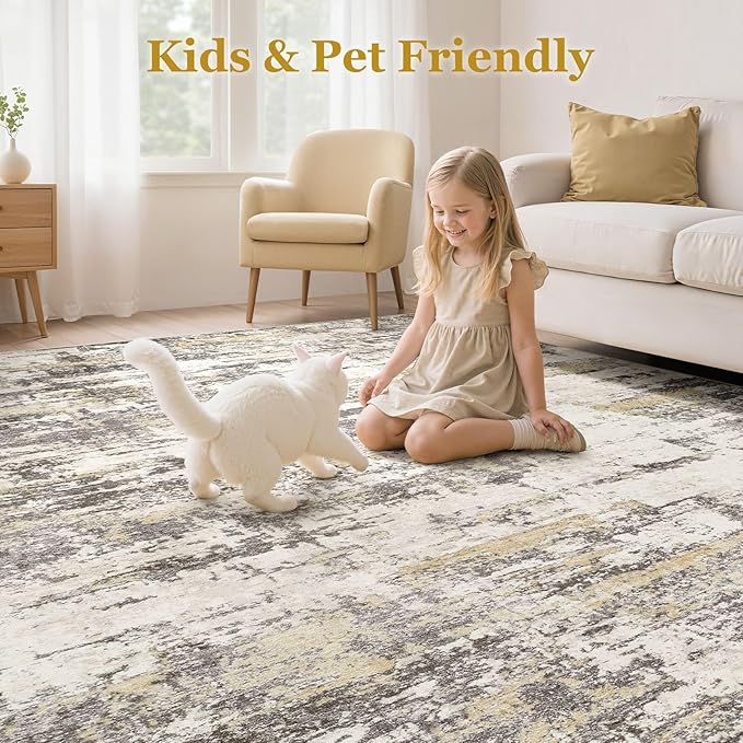 Area Rugs for Living Room: Abstract Washable Rug Modern Neutral Large Soft Stain Resistant Non-Slip Backing Machine Table for Bedroom Dining Room Indoor Home Office Carpet - 12x15 Gold Brown