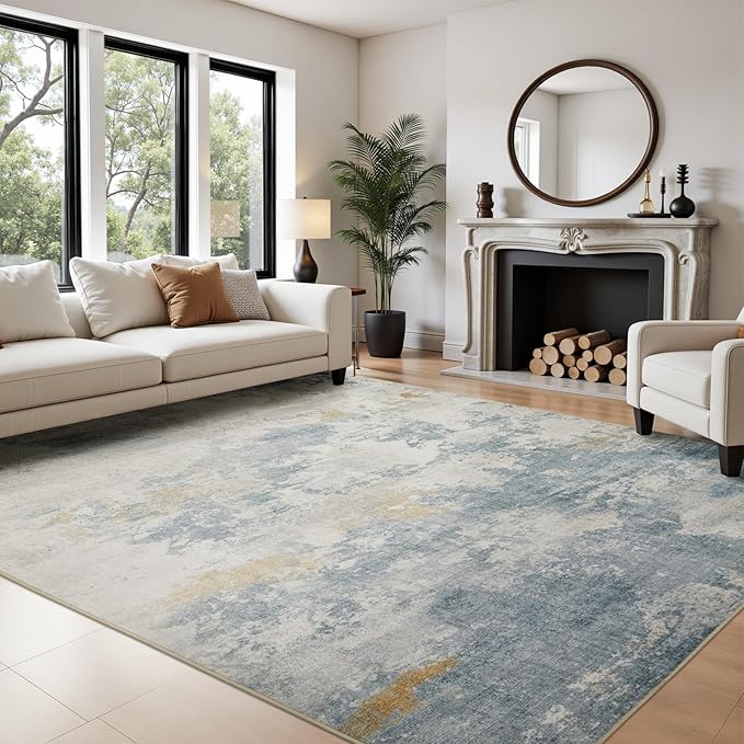 Joydeco 5x7 Area Rugs for Living Room, Non-Slip Modern Abstract Soft Washable Rug, Low Pile Carpet for Bedroom, Dining Room, Home Office, Pet & Child Friendly, White & Blue & Gold