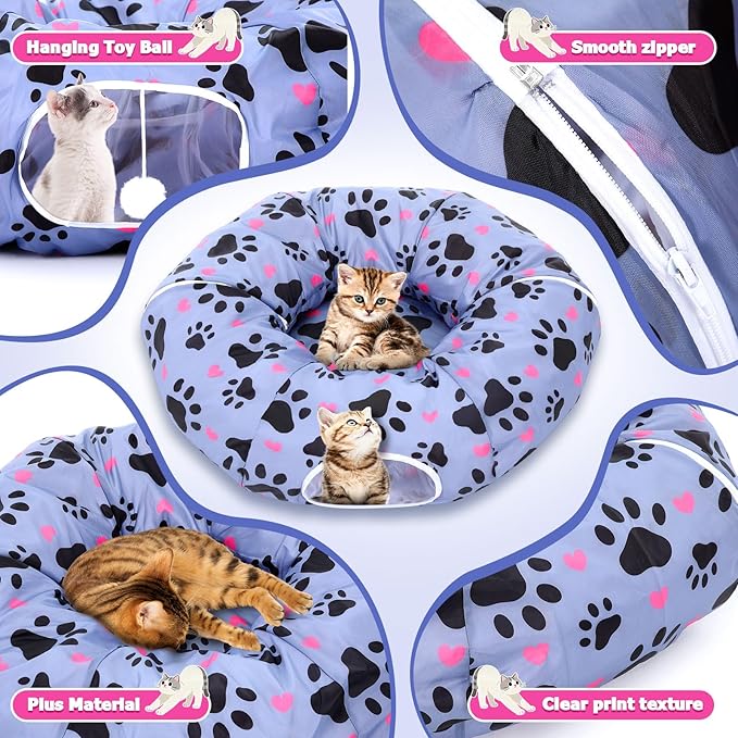 Large Cat Tunnel Bed for Indoor Multifunctional Cat Donut Tunnel Claw Design with Dangling Balls for Small Medium Large Cats Kitten Rabbit Puppies Christmas Party Gifts